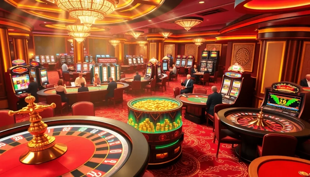 Experience thrilling casino action at https://288t.global/ with players at tables, vibrant slot machines, and excitement in the air.