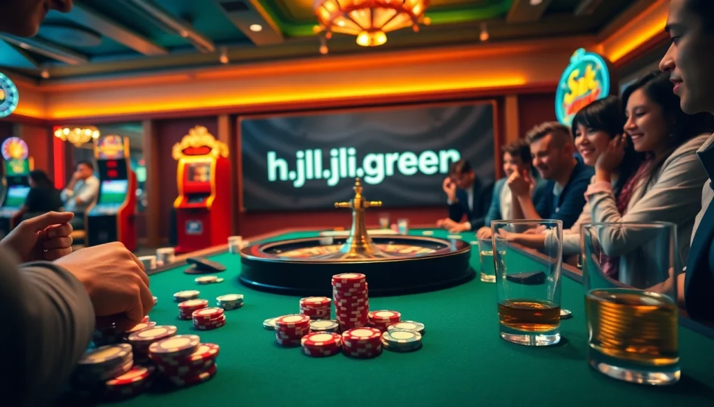 Experience the thrill of winning with friends at https://jili.green's poker table, complete with colorful chips and a spinning roulette wheel.