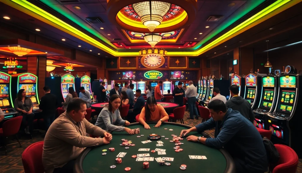 Experience trust at Nhà cái uy tín with lively casino activities featuring poker tables and vibrant slot machines.