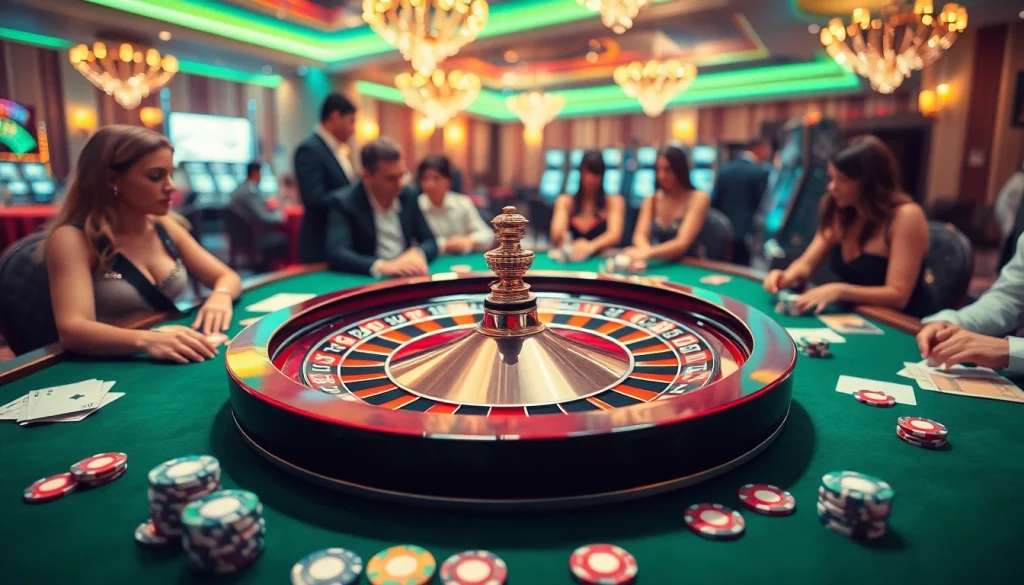 Experience the excitement of HITCLUB at a lively roulette table surrounded by eager players.