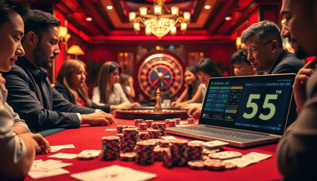 Kèo Nhà Cái 5 showcases intense poker action with players, chips, and cards in a vibrant casino setting.